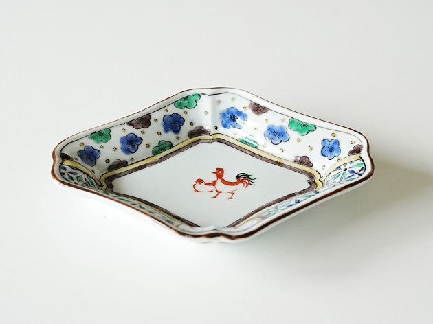 新道工房 色絵双鶏図隅入菱形向付