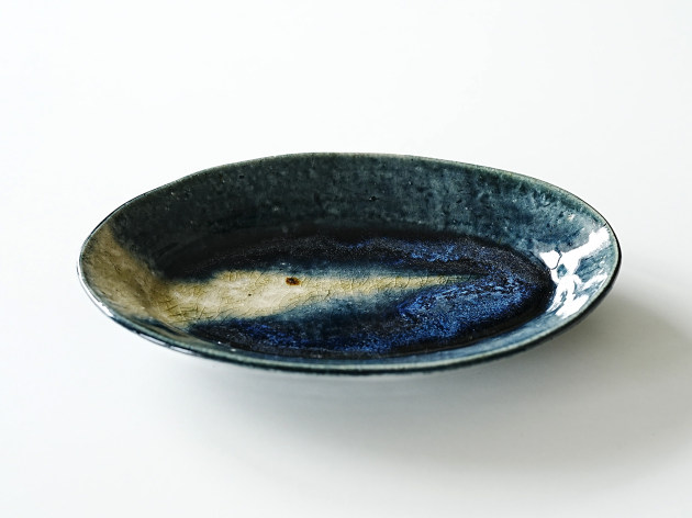 松村英治 オーバル中皿（青流し・B）